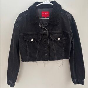 GUESS Black Cropped Denim Jacket with Faux Shearling Collar